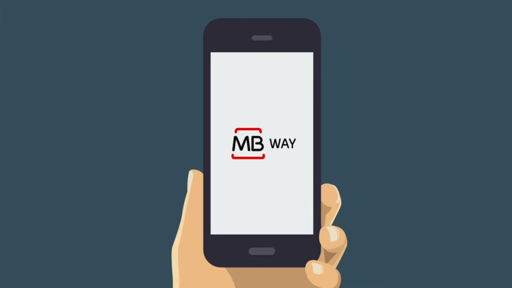 MB Way logotipo no app em tela de celular sendo segurado por mão ilustrada