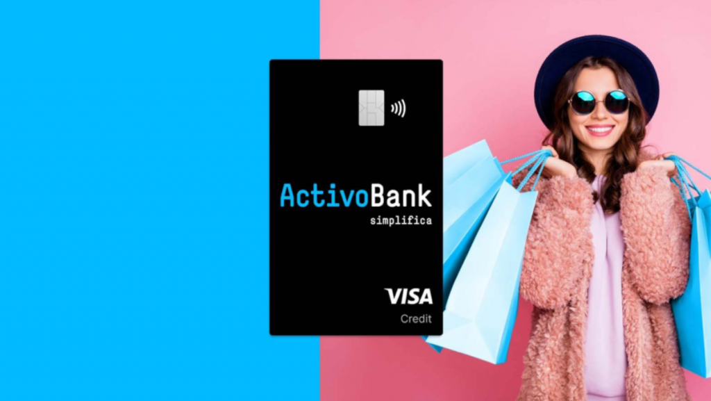 cartão de crédito Activo Bank e mulher com sacolas de compras usando chapéu e óculos escuros estilosos