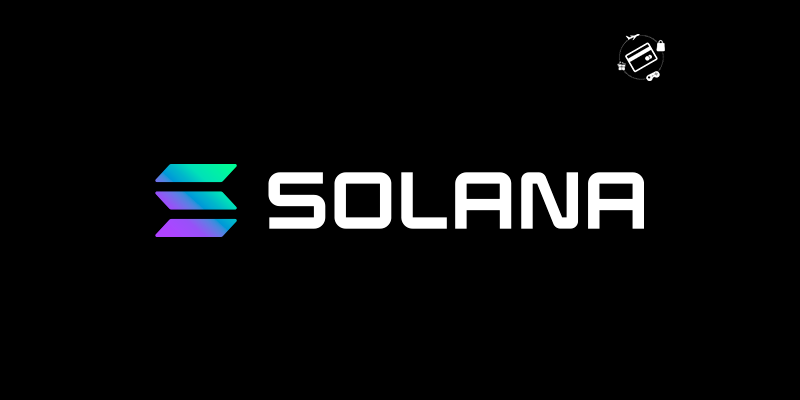 Logotipo criptomoeda Solana com palavra Solana escrita