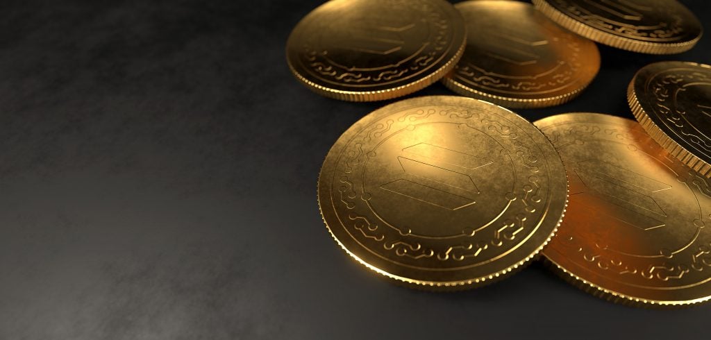 Moedas douradas em 3D digital com logotipo Solana gravado