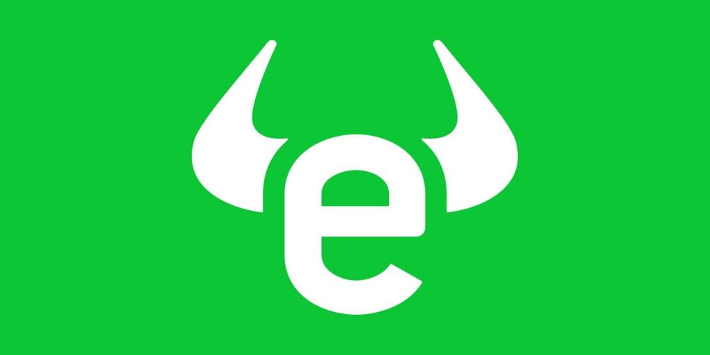 Logotipo corretora eToro fundo verde letra E com chifres de touro