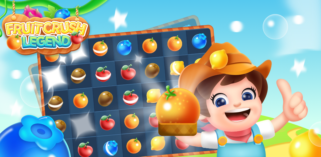 Banner do jogo Fruit Crush Legend, com tabuleiro de fazer combinações de frutas e uma criança segurando frutas, além do logotipo do jogo, que é um dos jogos que dão dinheiro no Paypal.