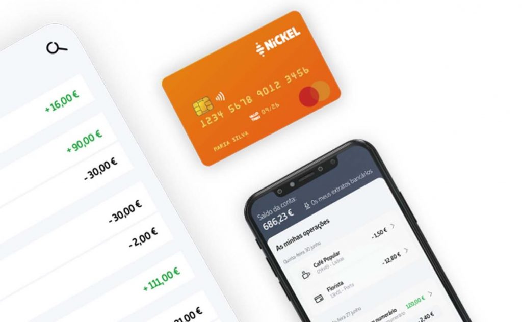 Cartão Nickel Classic laranja e interface do app do banco