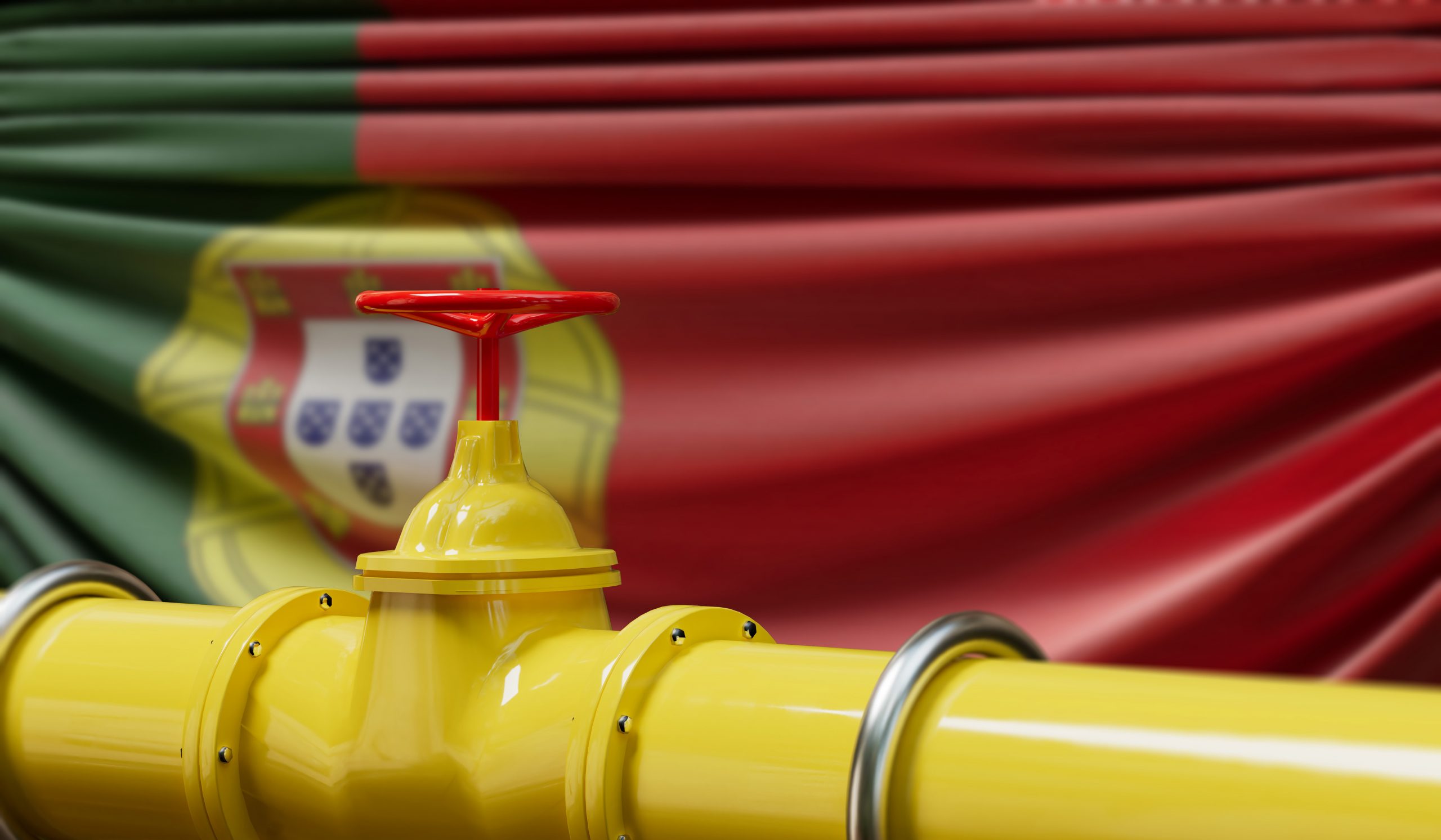Cano e válvula de gás com bandeira de Portugal ao fundo