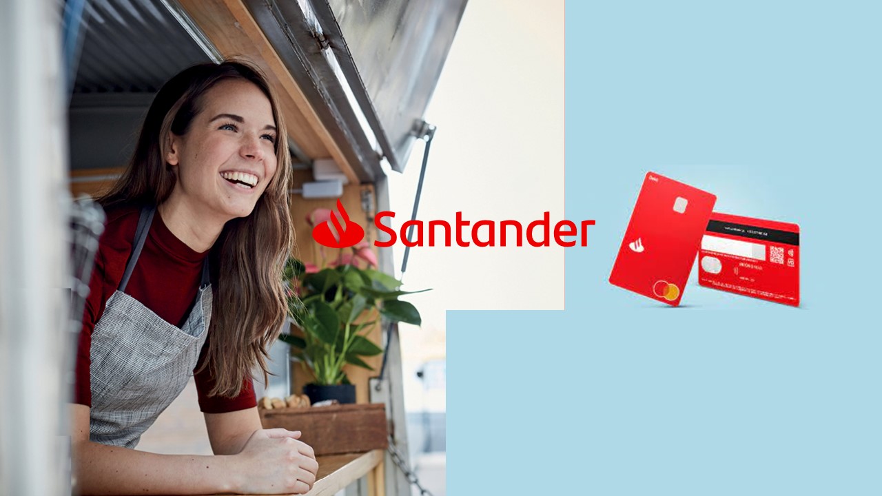Moça de foodtruck sorrindo e logo Santander no centro