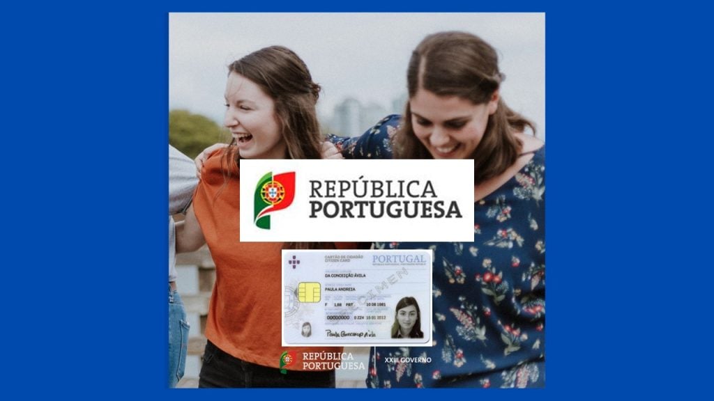 Duas mulheres rindo e logo do Governo de Portugal com Cartão Cidadão no centro da imagem