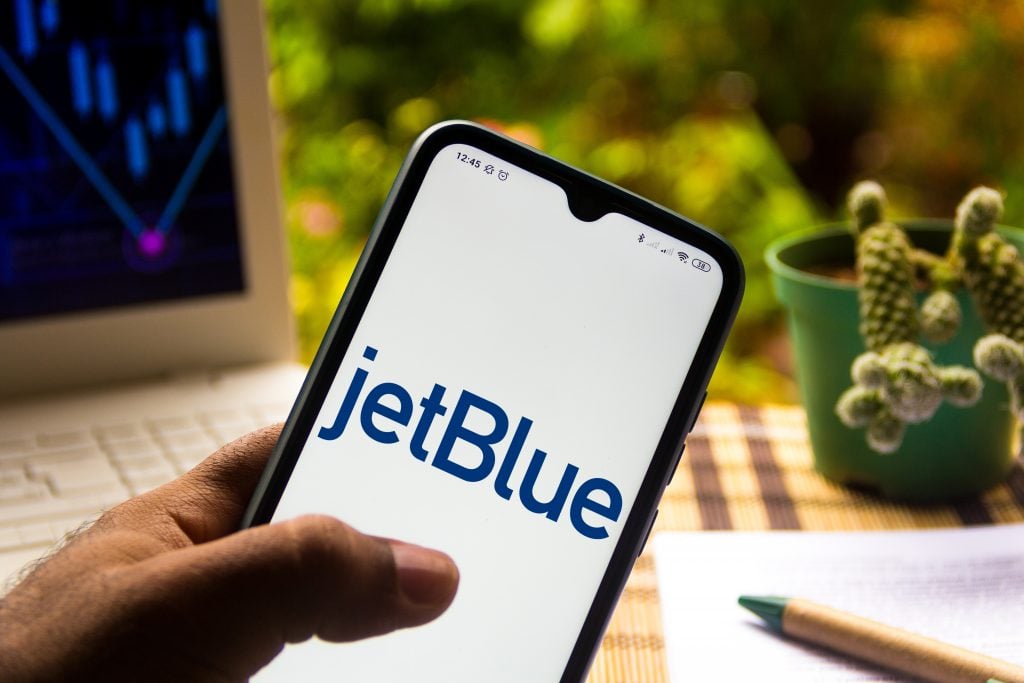 November 9, 2020, Brazil. In this photo illustration the JetBlue Airways logo seen displayed on a smartphone.