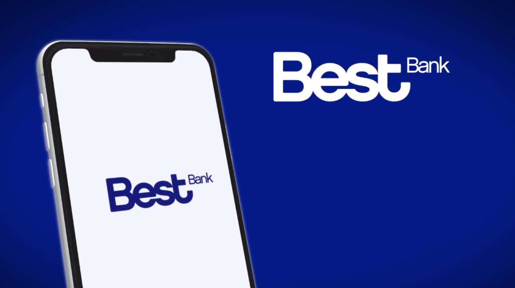 Celular e logo Banco Best fundo azul