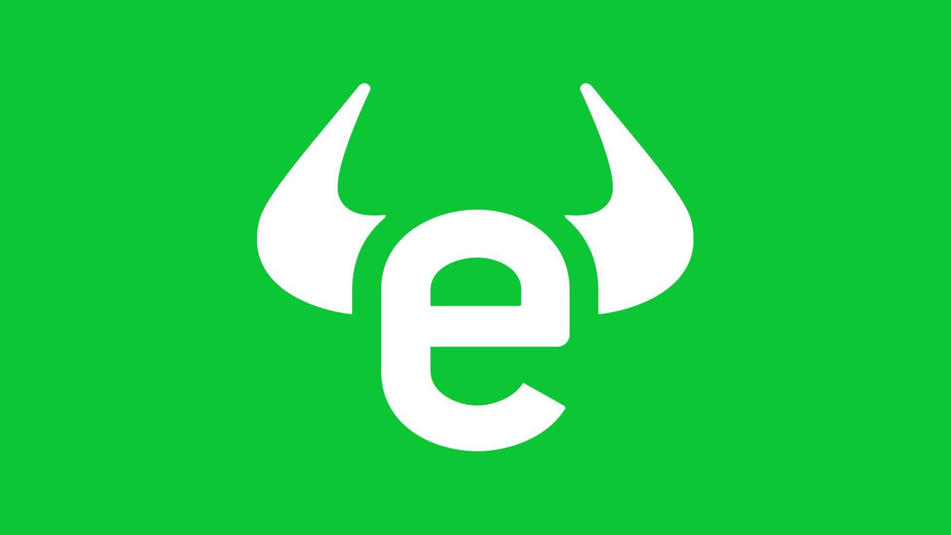 Logotipo corretora eToro fundo verde letra E com chifres de touro