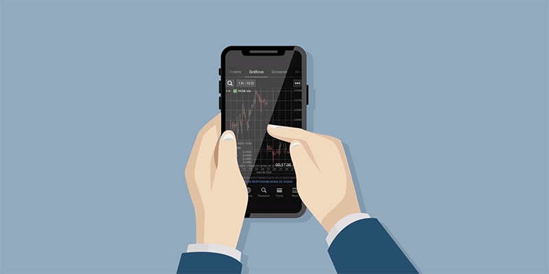 Tela de celular com gráficos de Crypto FX do Banco Carregosa. Mãos e mangas de terno, feitas com ilustração, tocando na tela do celular