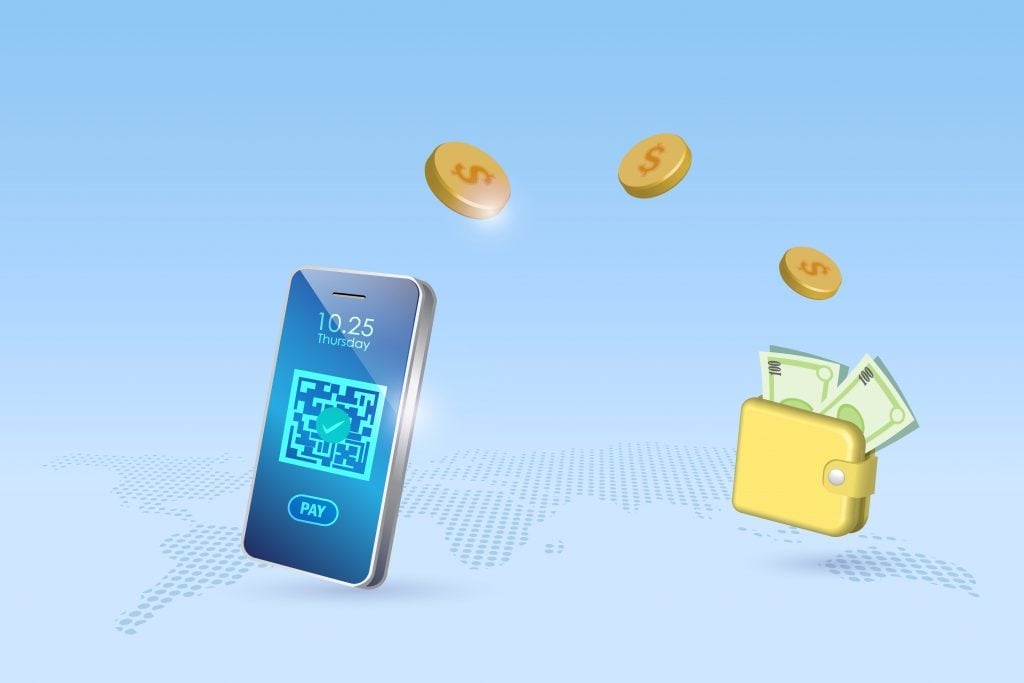 Digital banking transfer money to e wallet. Smartphone using mobile app arrange payment to wallet. Financial technology.